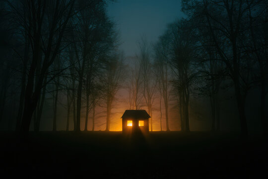 Mysterious glowing cabin nestled deep within a dark misty forest