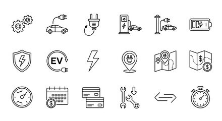 Collection of electric vehicle charging and related icons, including charging stations, cars, plugs, batteries, maps, credit cards, tools, and time