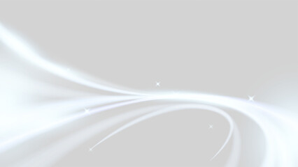 White abstract light wave background with smooth glowing lines and shining star sparkles on soft gray gradient