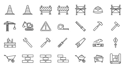 Obraz premium Essential outline tools and safety equipment representing construction, building, and engineering concepts, ideal for various design projects and informational graphics