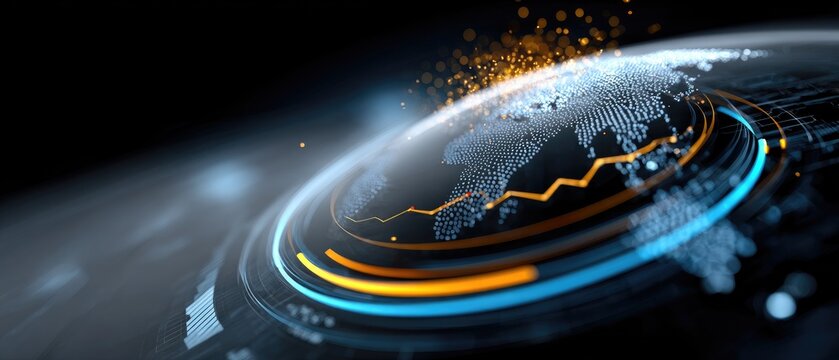 analysis business charts concept. Abstract digital globe with data visualization and glowing lines on a dark background.