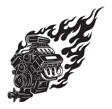 Powerful hot rod engine with flames vector illustration in bold black and white style