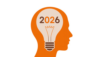 Conceptual illustration of a head with a lightbulb containing the year 2026 representing innovative ideas and future thinking for the upcoming year and beyond