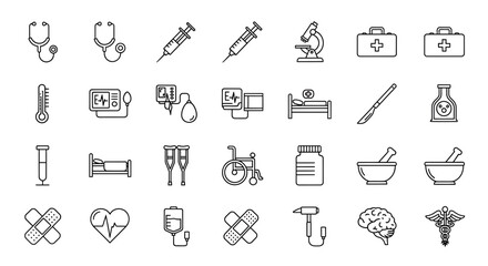 Collection of medical icons, representing various healthcare symbols and equipment used in medicine and patient care