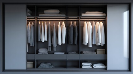 Closet with sliding doors, packed neatly with clothes and linens