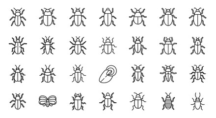 A diverse collection of minimalist line art icons featuring various common insects and beetles, ideal for educational resources, nature-themed user interfaces, or detailed entomology illustrations