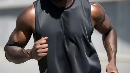 A smiling man running outdoors, displaying a fit physique in a sleeveless athletic top.