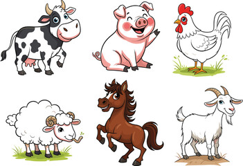 Cartoon Farm Animals Vector Set Featuring Cow, Pig, Chicken, Sheep, Horse, Goat &mdash; Cute Livestock Illustration for Kids and Education