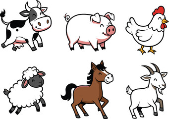 Cartoon Farm Animals Vector Set Featuring Cow, Pig, Chicken, Sheep, Horse, Goat &mdash; Educational and Playful Livestock Illustration for Kids