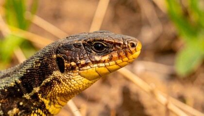 Obraz premium Close-up of a lizard's head, showcasing intricate scales and vibrant colors against a blurred natural background
