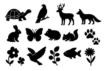 Fototapeta premium Nature and wildlife silhouette icon set, flora and fauna black silhouettes collection, vector cartoon illustrations with transparent background, ordered animal and plant set