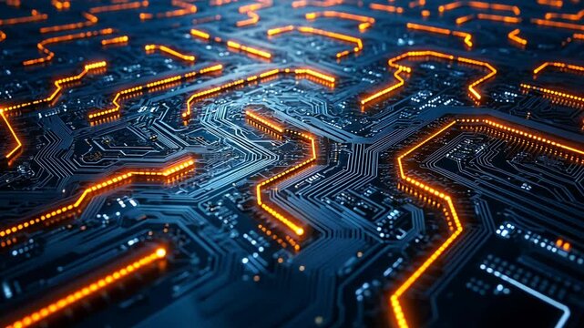 Close-up of a circuit board with glowing orange lines, showcasing the flow of data.
