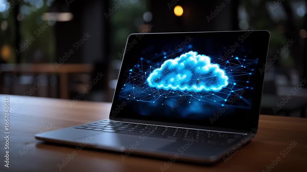 Aufkleber a laptop displaying a glowing cloud graphic symbolizing cloud computing and digital connectivity.