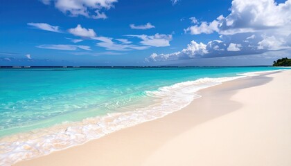 Obraz premium Tropical beach with turquoise ocean waves and white sand, clear blue sky