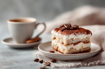 Tiramisu cake on a plate with coffee on a wooden background
