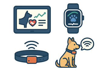Advanced Pet Care Technology Tools for Health Monitoring, Training, and Communication in Modern Settings. Vector Cartoon Illustration with Smart Collars, Wearable Devices, and Digital Health Tracking.