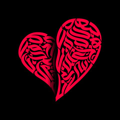 Stylized red heart shape filled with calligraphic patterns against a black background design art