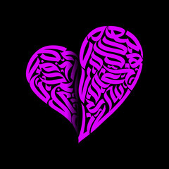 A stylized pink heart shape filled with intricate calligraphic patterns on a black background