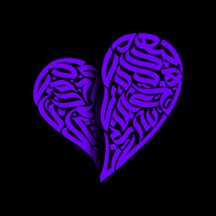 Purple heart shape filled with abstract calligraphy on a black background illustration