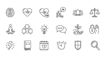 Collection of simple line icons representing health, wellness, and business concepts