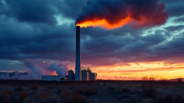 A dramatic sunset over an industrial landscape with a factory emitting smoke and steam.