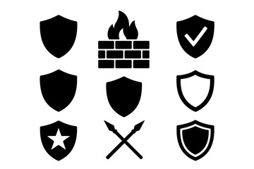 Security and protection icon set with shield, firewall, defense silhouettes, cartoon style vector illustration, transparent background, ordered icons collection for cybersecurity and safety concepts