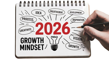 Planning for future success in 2026 with a growth mindset focusing on creativity inspiration vision and development as illustrated in a handdrawn notebook concept