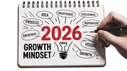 Planning for future success in 2026 with a growth mindset focusing on creativity inspiration vision and development as illustrated in a handdrawn notebook concept