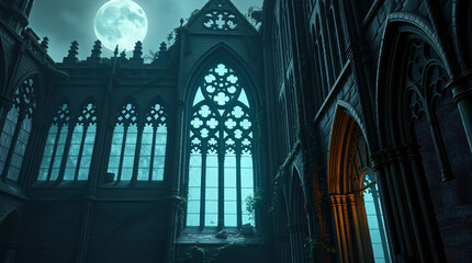 The forgotten ruins of a gothic structure at night, with a solitary moon illuminating the scene.