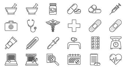Naklejka premium Collection of medical icons and symbols, representing healthcare, pharmacy, and medical equipment