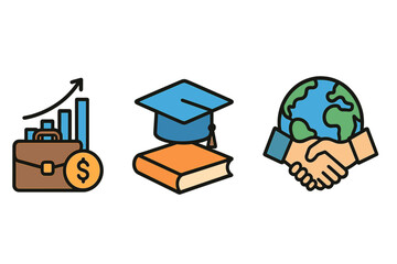 Modern vector symbols representing business growth, education, and global cooperation with handshake and graduation cap icons in vibrant cartoon style on transparent background