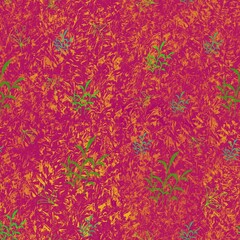 Floral Seamless Pattern with Green Plants on Red and Orange Background for Textiles and Fabric print