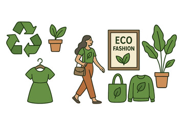 Sustainable Fashion Practices Illustrated with Recycling Symbols, Eco-Friendly Clothing, Plant-Inspired Designs, and Modern Lifestyle Elements in Vector Cartoon Style