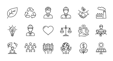 Fototapeta premium Collection of ecofriendly and sustainability icons, including a leaf, recycling symbol, engineers, handshake, factory, lightbulb, heart, scales of justice, people, globe, and solar panel