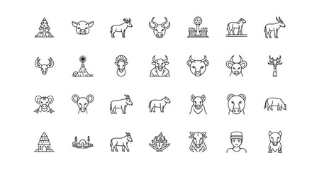 Collection of various animal icons and symbols in a grid layout, isolated on a, featuring farm animals, wild animals, and mythical creatures in a simple line art style