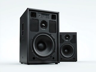 Fototapeta premium Two black audio speakers on white background