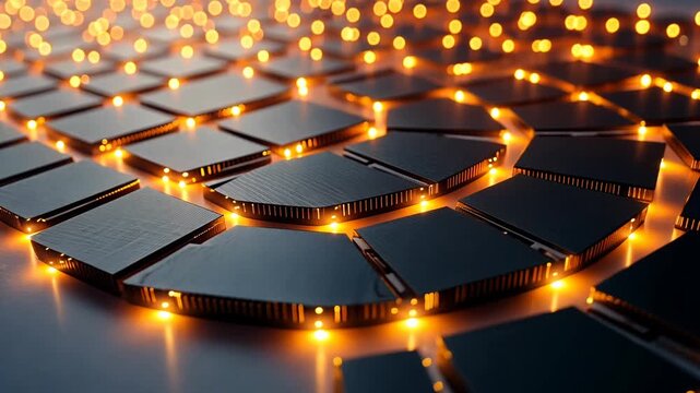 Close-up, low-angle static shot of glowing microchips on a circuit board, showcasing intricate details and futuristic technology.