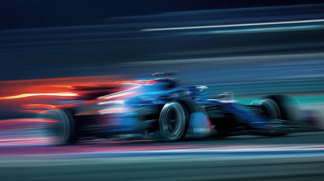 Motion blur captures a Formula 1 car racing on a track during nighttime, representing the concept of speed and nighttime motorsport events.