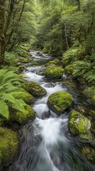 Obraz premium Lush, mossy stream flowing through a dense green forest