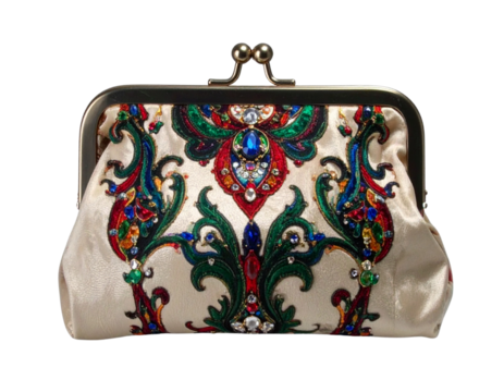 Elegant Vintage Handbag with Colorful Ornate Pattern, isolated on transparent background PNG