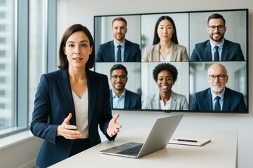 Businesswoman presenting during video conference with diverse team on office screen in a professional setting and light modern background. Ai generative