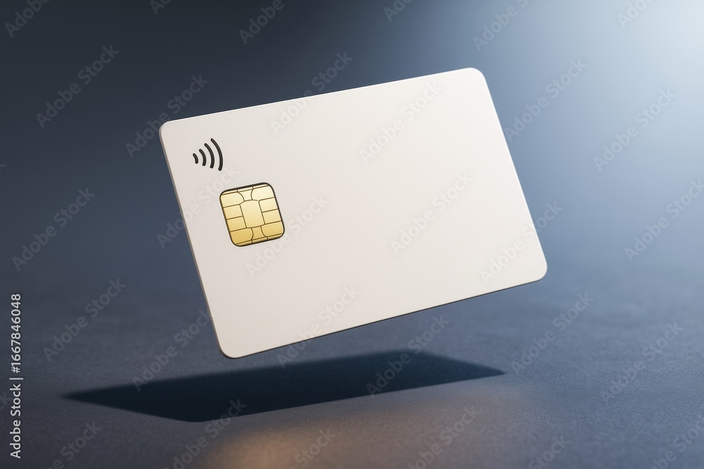 Poster minimalistic blank credit card mockup with chip and contactless icon floating above dark background 