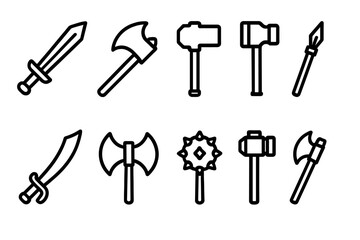 Iconic weaponry line art set featuring swords, axes, hammers, maces, and spears in cartoon style with transparent background, medieval arms collection for design
