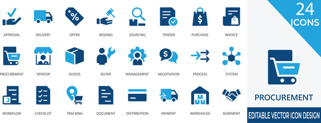 A detailed set of procurement and supply chain vector icons for business, contract, and delivery processes. Ideal for illustrating bidding, sourcing, inventory, and vendor management.