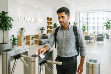 Young professional entering coworking space using key card access system in bright modern office with plants and creative interior design. Ai generative