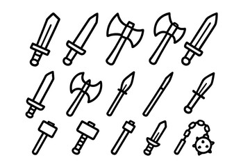 Weaponry line icon set with swords, axes, hammers, maces, and medieval weapons, vector cartoon style illustration with transparent background, ordered collection of classic armory icons
