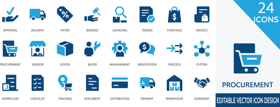 A detailed set of procurement and supply chain vector icons for business, contract, and delivery processes. Ideal for illustrating bidding, sourcing, inventory, and vendor management.