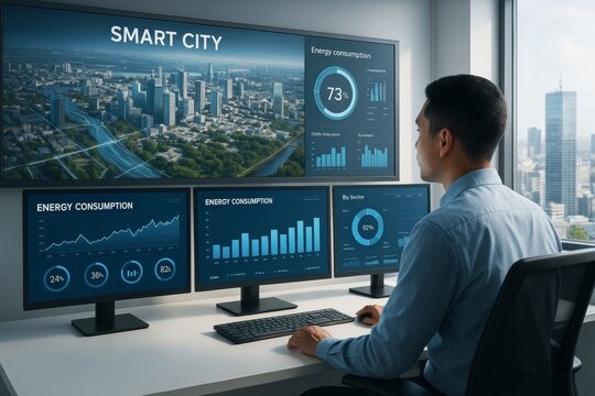 Business analyst monitoring smart city energy consumption data on multiple screens in modern high-rise office with city background. Ai generative