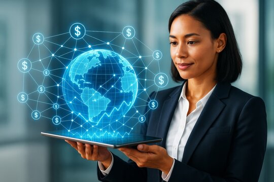 Businesswoman holding tablet with glowing holographic globe and digital dollar symbols on network, futuristic finance concept on office background. Ai generative