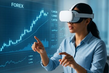 Woman using VR headset to interact with digital forex trading charts on futuristic interface with glowing blue light and abstract background.. Ai generative